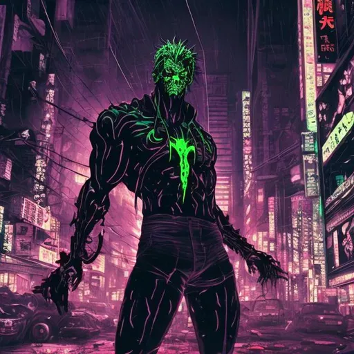 Prompt: Black and neon. muscular masked villain. Blood spatters. Very Dark image with lots of shadows. Background partially destroyed neo Tokyo. Noir anime. Gritty. Dirty. Evil eyes