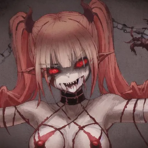 Prompt: female demon, mouth like a snake, bandages on arms, red eyes, demonic, bloodthirsty, wight hair, demonic chain whips, pigtails, sharp teeth, sfw, bleeding eyes, evil, blond hair , red black eyes , crazy 