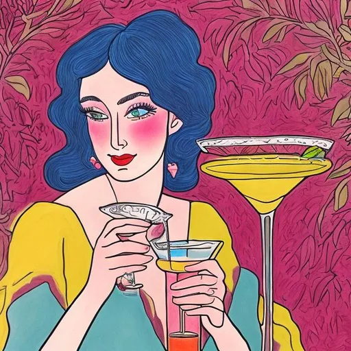 Prompt: A hand drawn picture in color of a woman in love drinking cocktails. 