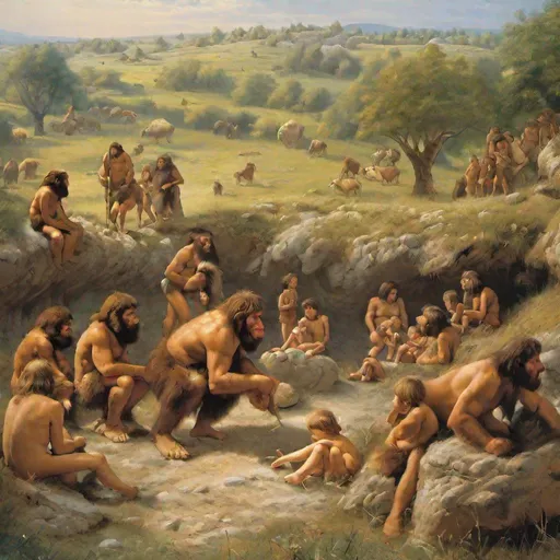 Prompt: A settlement of Neanderthals composed of men, women, and children, located in Central Europe approximately 100,000 years ago.