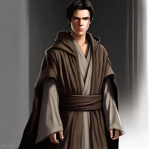 Prompt: 20-year-old Jedi, Dark brown layered robes over grey tunic, Brown cloak with hood, layered robes, brown robes, short black hair pulled back, brown Jedi belt, square chin, young man, detailed art, high quality texture, Star Wars character art, dark brown and grey Jedi robes, grey tunic, black vest, realistic lighting, studio lighting on face, detailed texture, crewcut hair, High quality art, Detailed digital art, dynamic lighting, traveling cloak 