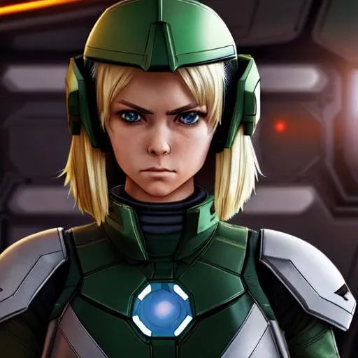 Prompt: A space soldier commander stands towards you with a serious look in her eyes. She is in her 30's and has short blonde hair. She has green armor on.