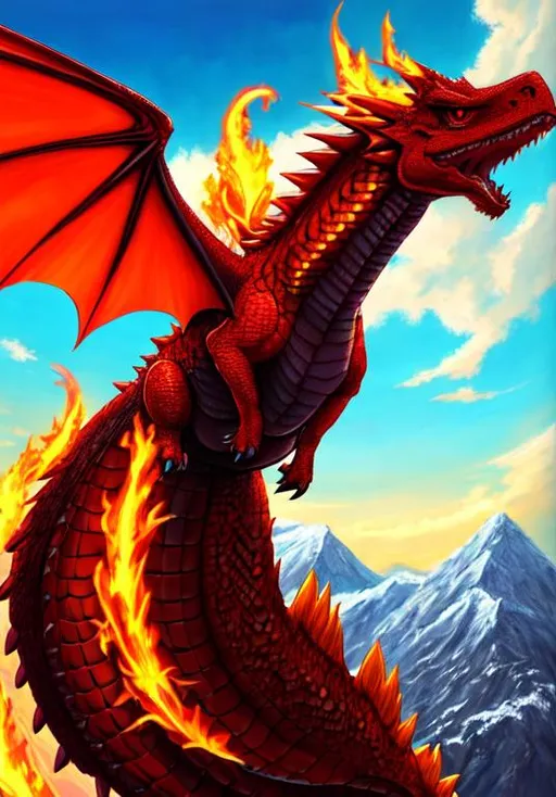Prompt: UHD, , 8k,  oil painting, Anime,  Very detailed, zoomed out view of character, HD, High Quality, Anime, mountain, Pokemon, Charmeleon, dragon-like with large flame on tail, Charmeleon is a bipedal, reptilian Pokémon. It has dark red scales and a cream underside from the chest down. It has blue eyes and a long snout with a slightly hooked tip. On the back of its head is a single horn-like protrusion. It has relatively long arms with three sharp claws. Its short legs have plantigrade feet with three claws and cream-colored soles. The tip of its long, powerful tail has a flame burning on it. The temperature rises to unbearable levels if Charmeleon swings its tail.

Charmeleon has a vicious nature and will constantly seek out opponents. Strong opponents excite this Pokémon, causing it to spout bluish-white flames that torch its surroundings. However, it will relax once it has won a battle. It is rare in the wild, but it can be found in mountainous areas.

Pokémon by Frank Frazetta