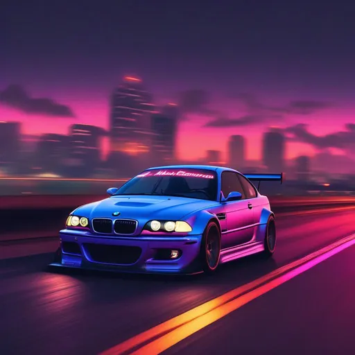 Prompt: 2001 BMW M3 E46 GTR, synthwave, aesthetic cyberpunk, miami, highway, dusk, neon lights, coastal highway, dusk, neon lights, coastal highway, sunset, drift, nurburgring