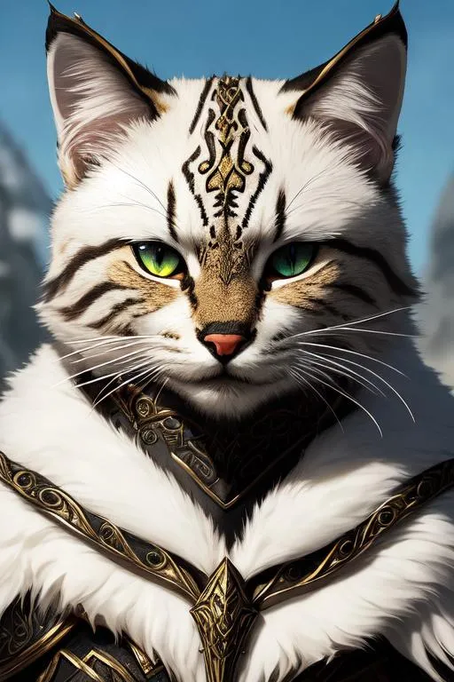 Prompt: (masterpiece), (best quality:1.2), (intricate detail), dynamic angle, looking at viewer, (1male), ((solo)), (((full body))), (slender), (((tabaxi))), (((white fur))), ((blue pupils)), (((light armor))), black armor, ((cloak)), mysterious, ((ominous expression))