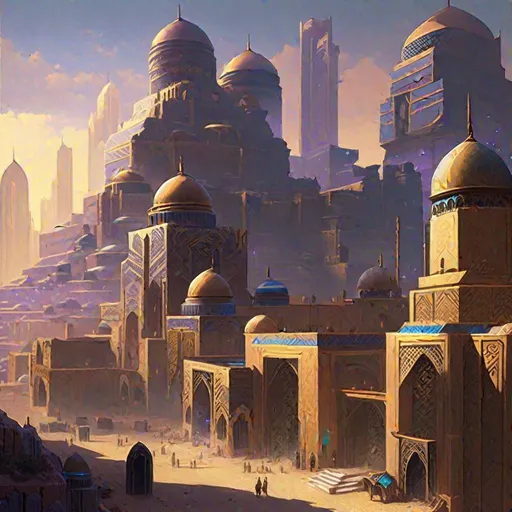Prompt: A vast Cyberpunk middle eastern city with a great ziggurat in background. D&D art, RPG art. Fantasy Art. Pathfinder Art