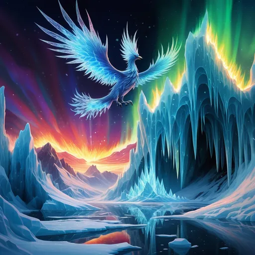 Prompt: Background: A frozen tundra with jagged ice cliffs reflecting an aurora borealis dancing across the sky.
Action: A mythical phoenix with blazing feathers of fire and ice bursts from a crystalized volcano, its flames melting the surrounding ice.
Render Style: Dynamic and luminous, with extreme contrast between fire and ice elements.
Theme: Rebirth and elemental harmony.