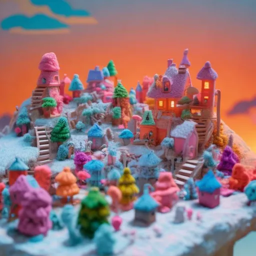 Prompt: Sunset over imaginary toy village made of colorful yarn