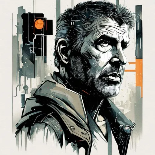 Prompt: Ric Deckard from Bladerunner. Portrait in the style of illustrator Dave McKean. High quality on a white background.