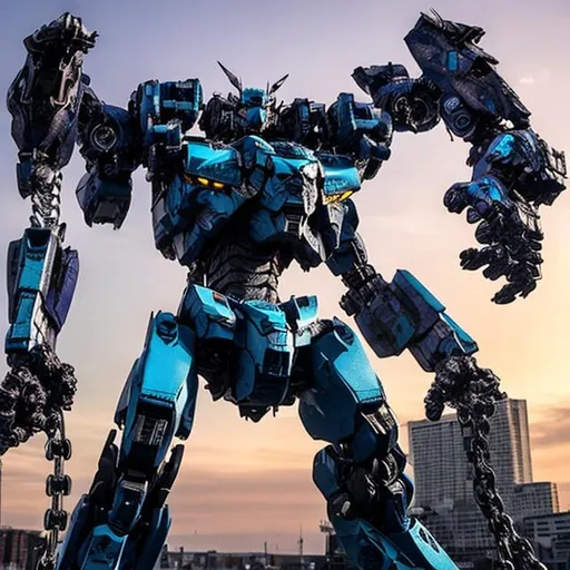 Prompt: 
Make a realistic picture of pacific rim mech, it’s blue and purple, laser, arm canyon, sword on back, 150ft tall, chain saw