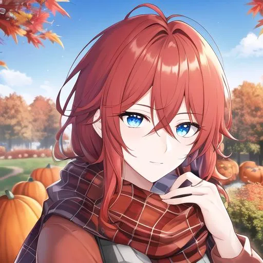 Prompt: Zerif 1male (Red side-swept hair covering his right eye, blue eyes), highly detailed face, wearing a cozy flannel shirt and a pair of stylish jeans. In the park, fall.  wearing a scarf, looking up at the sky, in a pumpkin patch, adult. Handsome,  detailed, UHD, HD, 4K, highly detailed, red haze, masculine, anime style