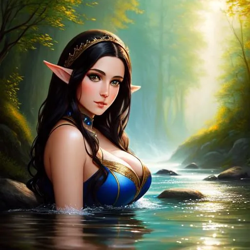 Prompt: Professional painting of a beautiful elf woman with dark hair in a river, by sciamano240, neoartcore, and other illustrators, intricate details, face,  full body portrait, headshot, illustration, UHD, 4K