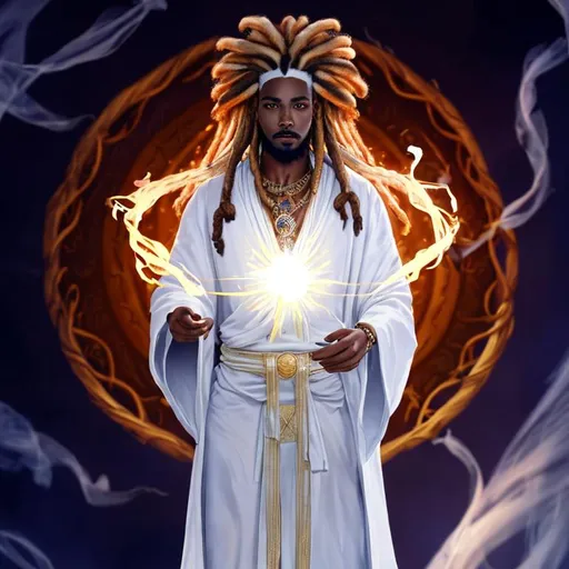 Prompt: an hyper realistic and cinematic portrait of a royal looking African man with rich flowing dreadlocks in a white robe with white tribal paint on his skin and orbs of light and fire floating around him. 
