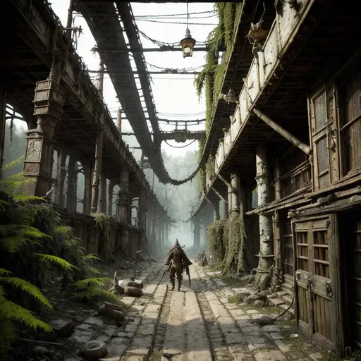 Prompt: dirty, eerie kobold,  ragged cloak, belts and pouches, spear,  mossy, decaying, rusty and worn,  intricate detail,  show antennas and wires and circuits, old apocalyptic city wasteland overgrown by oppressive huge forest, vines, plants and roots growing, cracking through walls, 3d render,  high detail,