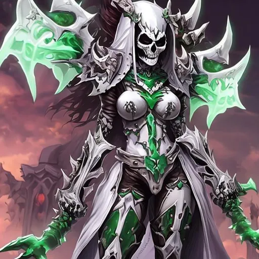 Prompt: Skeleton demon 😈 woman green and white full set armor 