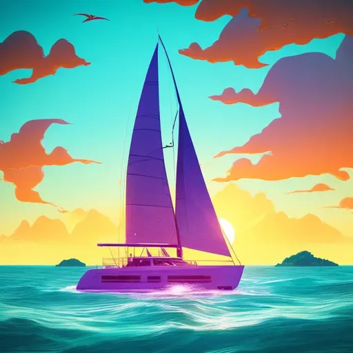 Prompt: A solo photorealistic 50 foot Catamaran sailboat sailing in front of a tropical island and a golden sunset with silvery turquoise  trailing seas.  The boat has a brightly lit purple spinnaker and sailors shown strictly by silhouette.

