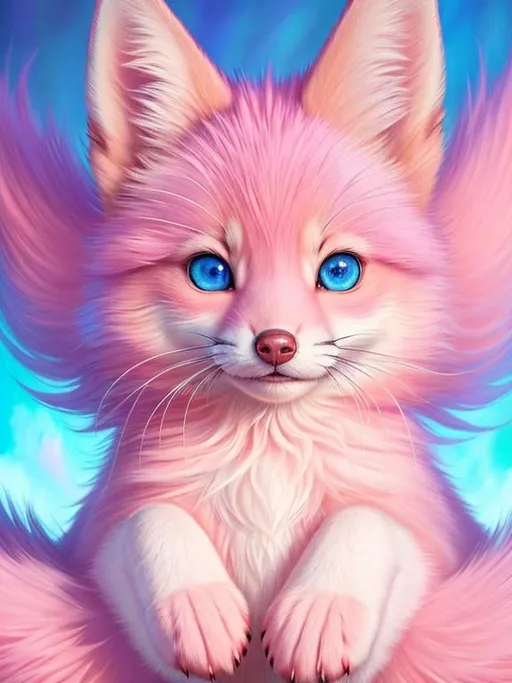 Prompt: pink fox, realistic, epic oil painting, pastel colors, large round blue eyes, hyper detailed eyes, (hyper real), furry, (hyper detailed), photorealism, extremely beautiful, (on back), sprawled, paws in the air, playful, UHD, studio lighting, best quality, professional, extremely beautiful, glistening pink fur, highly saturated colors, thick oil texture, masterpiece, ray tracing, 8k eyes, 8k, highly detailed, highly detailed fur, hyper realistic thick fur, (high quality fur), fluffy, fuzzy, cute fangs, open mouth,  full body shot, rear view, hyper detailed eyes, perfect composition, realistic fur, fox nose, highly detailed mouth, realism, ray tracing, soft lighting, studio lighting, masterpiece, trending, instagram, artstation, deviantart, best art, best photograph, unreal engine, high octane, cute, adorable smile, lazy, peaceful, (highly detailed background), vivid, vibrant, intricate facial detail, incredibly sharp detailed eyes, rows of blossoming sakura trees, incredibly realistic fur, concept art, anne stokes, yuino chiri, character reveal, extremely detailed fur, sapphire sky, complementary colors, golden ratio, rich shading, vivid colors, high saturation colors, nintendo, pokemon, silver light beams