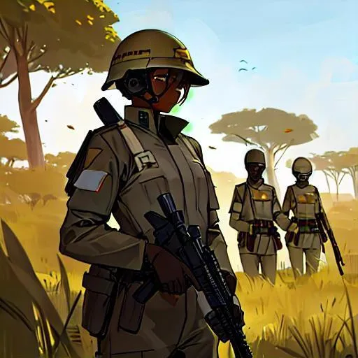 Prompt: African male soldier He wears a full helmet. He helds a rifle. In background a car in the Savannah. Scifi soldiers. Technofantasy. RPG art. Fading suns art. Scifi art. japanese soldier. Belgian WWI helmet. 2d. 2d art. Well draw face. Detailed.