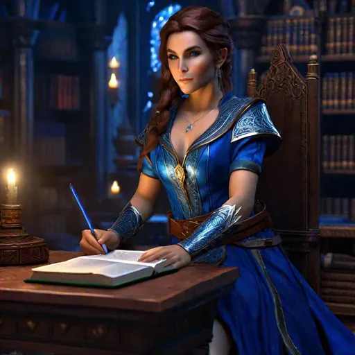 Prompt: D&D half-elf female wizard in a study, highly detailed, professional, render, Sharp focus, HD, UHD, HDR, hyper realistic , blue colored clothing
