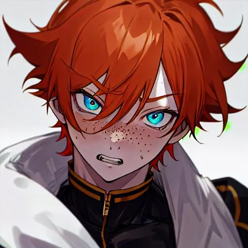 Prompt: Erikku male adult (short ginger hair, freckles, right eye blue left eye purple) UHD, 8K, Highly detailed, insane detail, best quality, high quality,