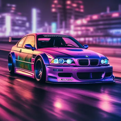 Prompt: 2001 BMW M3 E46 GTR, synthwave, aesthetic cyberpunk, miami, highway, dusk, neon lights, coastal highway, dusk, neon lights, coastal highway, sunset, drift, nurburgring, water on the road, blade runner, 64k, watercolor, macro sharp focus, 8, hyper realistic, cinematic, highly detailed, photoraelistic, clean