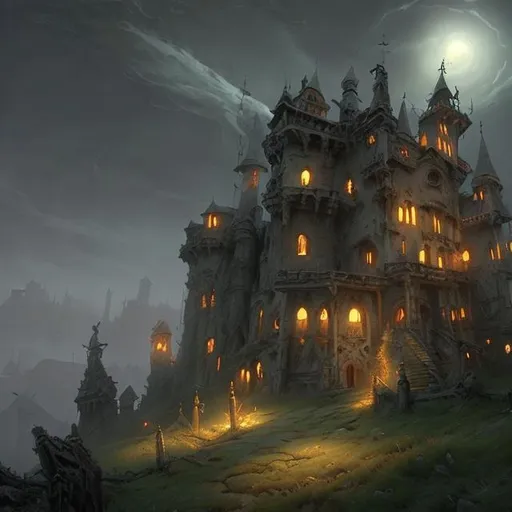 Prompt: spooky eerie castle on a hilltop, wind, clouds, style of Tyler Edlin