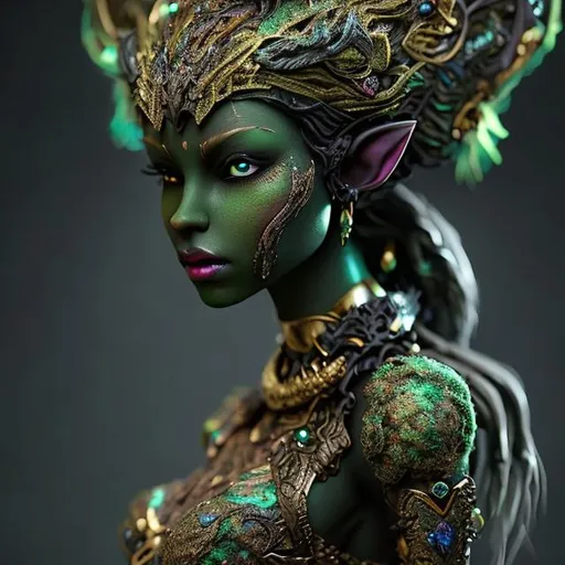 Prompt: needle-felted fantasy figure, elf woman, dark skin, green black and gold, gems, intricate details, insane details, volumetric lighting