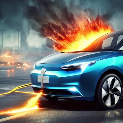 Prompt: propaganda about electric car. exploding electric car. fire