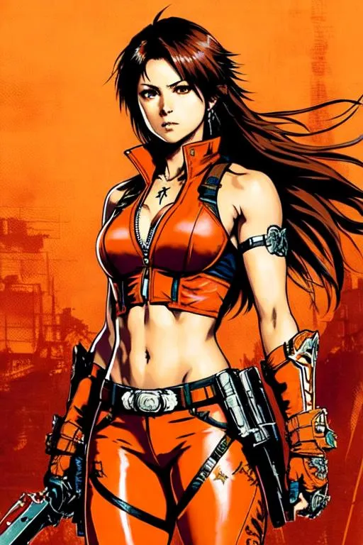 Prompt: Devil May Cry Art (((Yoji Shinkawa))), sticker of ultra detailed portrait of Bayley from WWE, in detailed orange holy armor, high quality cell shaded illustration in post apocalyptic style by Yoji Shinkawa, ((full body)), dynamic pose, perfect anatomy, centered, freedom, soul, brow  hair,tan skin approach to perfection, cell shading, 4k , cinematic dramatic atmosphere, watercolor painting, global illumination, detailed and intricate environment, artstation, concept art, fluid and sharp focus, volumetric lighting, cinematic lighting, Art by Ilya Kuvshinov

