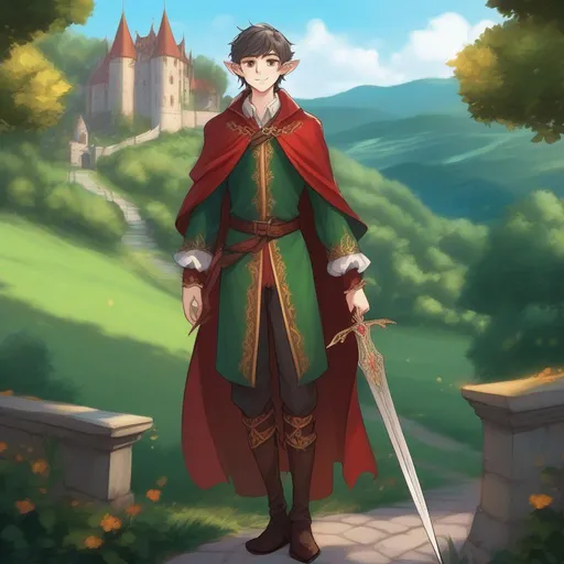 Prompt: A full figure, whole body of A cute male young 18 years old elf from changeling the dreming. He wields a two hand sword. He is dressed in lavish court dress. In background a fairy castle on an hill. Rpg art. Anime art. 2d art. 2d. well draw face. Detailed. 