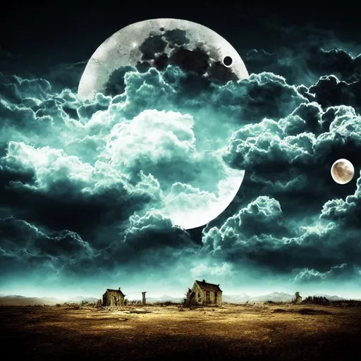 Prompt: Apocalyptic version landscape with clouds and two starts and a moon in the sky with a monster shadow comming 