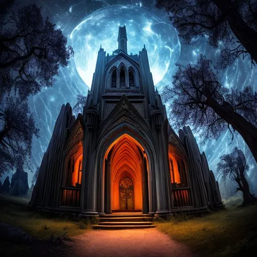 Prompt: HD, 4K, 3D, Stunning, magic, cinematic camera, two-point perspective, gothic temple ruin in the forest, no ceiling, no floor, gothic arch, ancient trees, moonlight, magical night