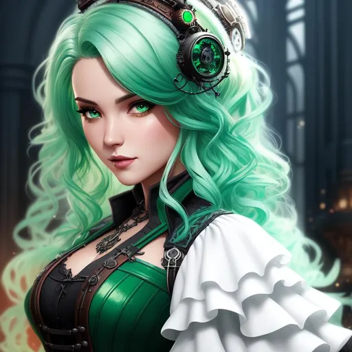 Prompt: A hyper realistic detailed character poster ((full body)) image of a ((beautiful woman)),  with intricate ((sexy steampunk clothes)) with ((white ombre hair)) a ((gothic green steampunk dress)), balayage wild hair, highly detailed, digital painting, Trending on artstation, HD quality, ((by Prywinko)), ((sexy))
