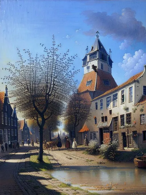 Prompt: Dutch 16th century town, cityscape, oil painting on canvas, spring, oil painting on canvas,
in a style of Cornelis Springer, old dutch landscape, 16th century holland