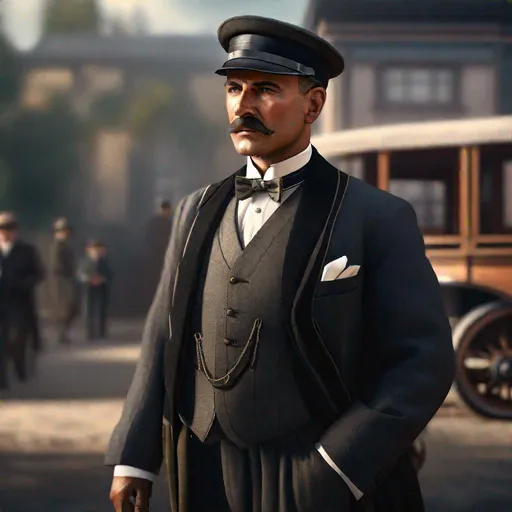 Prompt: An ultra realistic portrait of a 30ish tough looking butler in the 1920s, long shot super detailed lifelike illustration, action-adventure outfit, shotgun

soft focus, clean art, professional, old style photo, CGI winning award, UHD, HDR, 8K, RPG, UHD render, HDR render, 3D render cinema 4D