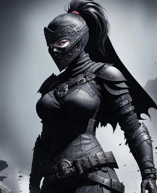 Prompt: Digital Art, a sinister viking woman, black armor, black gear, a black helmet fully covering her face, black visor, with a long black ponytail coming from the helmet to the waist, a black cape, black bracers, black pants, black boots, unreal engine 8k octane, 3d lightning