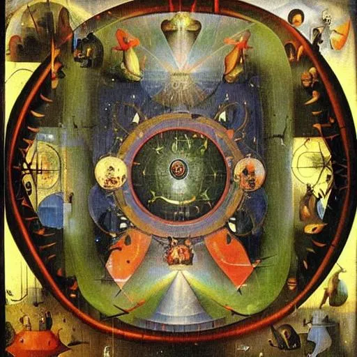 Prompt: Divine kabbala symbolism in cosmic abstract Rays beyond horizon by Hieronymus Bosch 