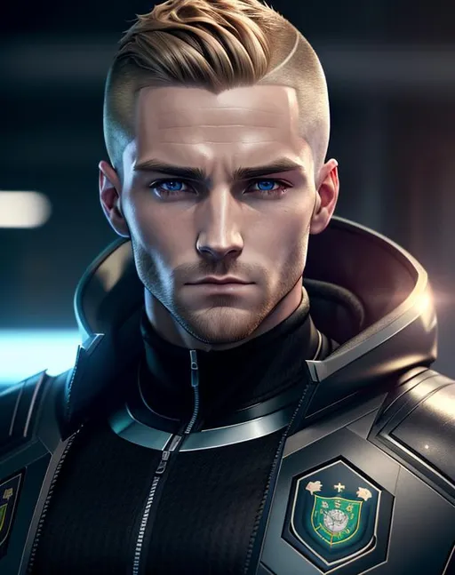 Prompt: perfect composition, {30 year old}, lean {irish man}, wearing futuristic {tech shirt and future tech noble's coat}, {coat of arms on clothes}, {buzz cut dark blonde hair}, extra masculine, peak fitness, determined expression, looking at viewer, 8k eyes, detailed face, wlop, stanley artgerm lau, artstation, hd, octane render, hyperrealism intricate details, 8k, cinematic volumetric light, proportional, art trending on artstation, sharp focus, studio photo, intricate details, highly detailed, intricate artwork masterpiece, ominous, intricate, epic, trending on artstation, highly detailed, vibrant, production cinematic character render, ultra high quality model, 