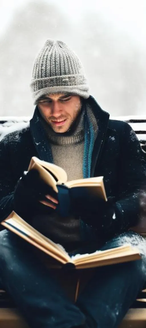 Prompt: He is reading a book in the snowy