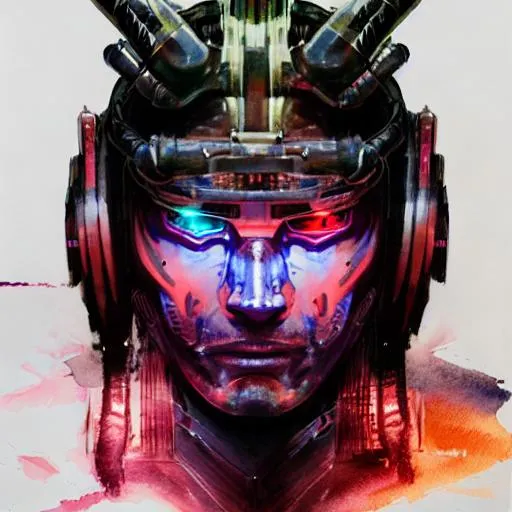 Prompt: Watercolor portrait of a roaring neon SAMURAI with iridescent black markings and a CYBERNETIC face, perfect composition, hyperrealistic, super detailed, 8k, high quality, trending art, trending on artstation, sharp focus, studio photo, intricate details, highly detailed, by greg rutkowski, illustration, watercolor, BY YUJI SHINKAWA