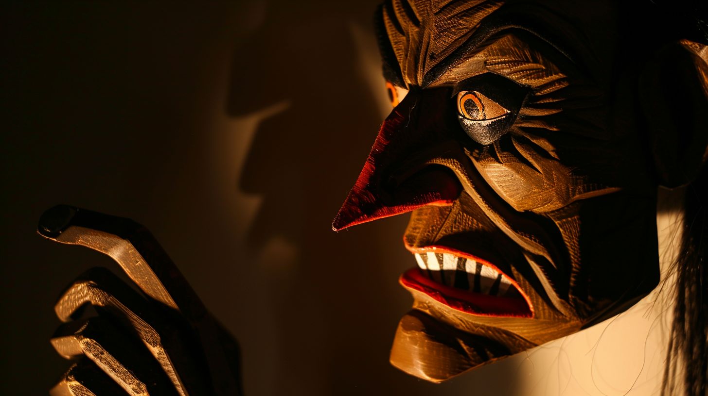 Prompt: shadow puppet master lurking in the shadows of the horror puppet show