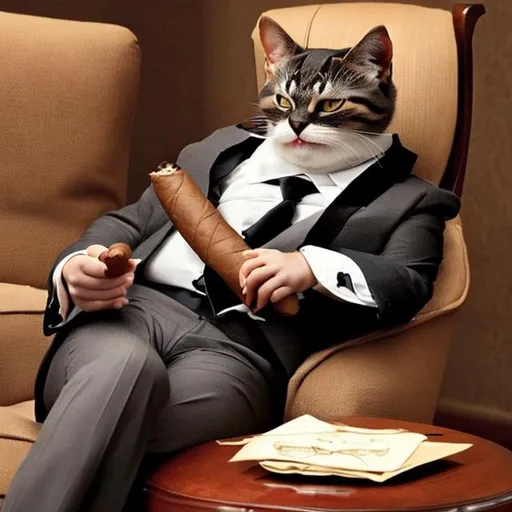 Prompt: a cat smoking a cigar dressed in a suite. 