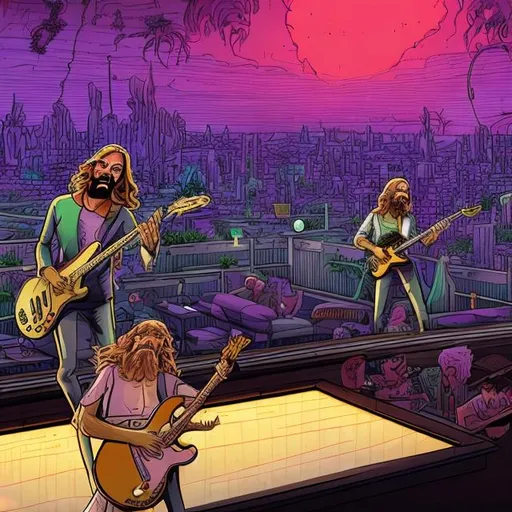 Prompt: wide view of jesus band playing guitars, at an exotic rooftop patio infinity pool, infinity vanishing point, dancing cthulhus background