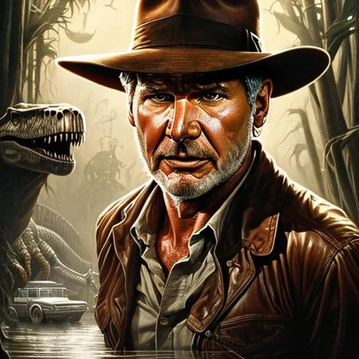 Prompt: ultra realistic illustration, incredibly detailed Harrison Ford face, {{Indiana Jones being chased by a T-Rex}}, intricate, elegant, highly detailed, digital painting, artstation, concept art, smooth, sharp focus, illustration, art by artgerm and greg rutkowski and drew struzan