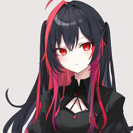 Prompt: Portrait of a cute girl with long, multicolored hair and red eyes wearing black 