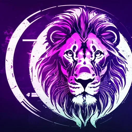 Prompt: Purple gaming background containing a lion and a circle containing a logo of a schematic lion. The image is 1920 x 1080.
