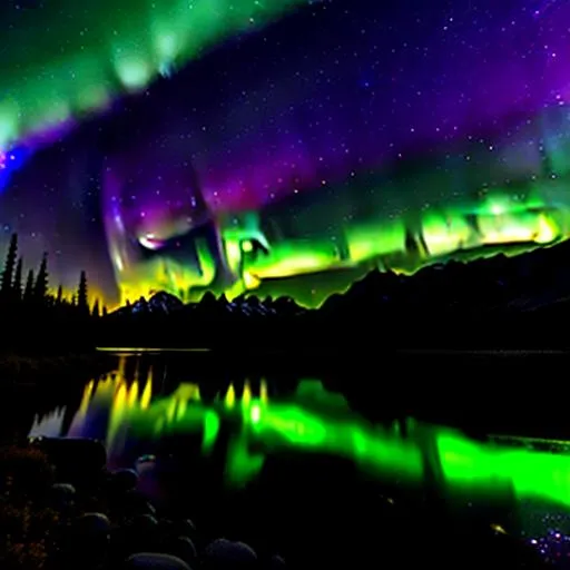 Prompt: Alaskan mountains mid spring
(Lots of wildlife) stary night sky, Northern lights