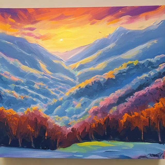 Dawn and sunrise over wintry valley in acrylic | OpenArt