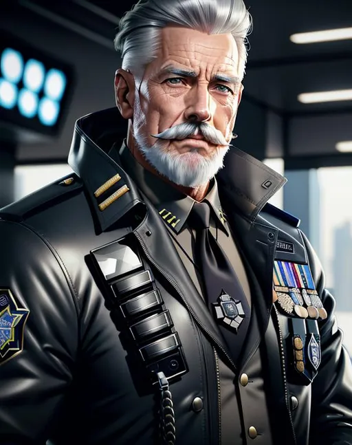 Prompt: perfect composition, bearded goatee {75 year old}, lean {Australian police chief}, {short hair}, {large moustache}, {wearing futuristic trench coat over police gear}, extra masculine, peak fitness, determined expression, 8k eyes, detailed face, wlop, stanley artgerm lau, artstation, hd, octane render, hyperrealism intricate details, 8k, cinematic volumetric light, proportional, sharp focus, studio photo, intricate details, highly detailed, intricate artwork masterpiece, ominous, intricate, epic, trending on artstation, highly detailed, vibrant, production cinematic character render, ultra high quality model, 