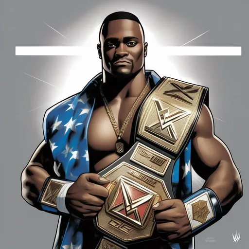 Prompt: Depict Big E proudly holding the WWE Championship belt over his shoulder. Show the championship title gleaming in the spotlight as he stands confidently, representing his hard-earned victory.
  illustrated by  Grant Morrison